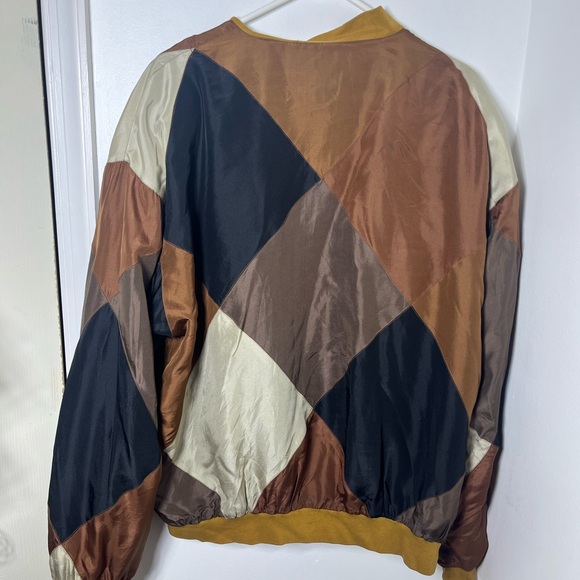 Tulliano 100% Silk Bomber Jacket XL Colorblock Brown Blue Zip Vintage - Picture 8 of 9